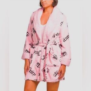 Juicy Couture Robe Pink Plush Logo Crown All Over Soft Cozy Comfy Size L/XL